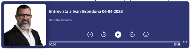Blue widget showing Ivan's headshot and radio controls. Graphic only. Links to outside page.